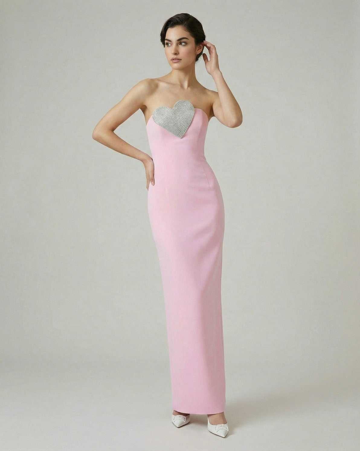 Rosalind Maxi Dress by Lauven - Pink strapless sheath dress with embellished heart detail, elegant and flattering fit.