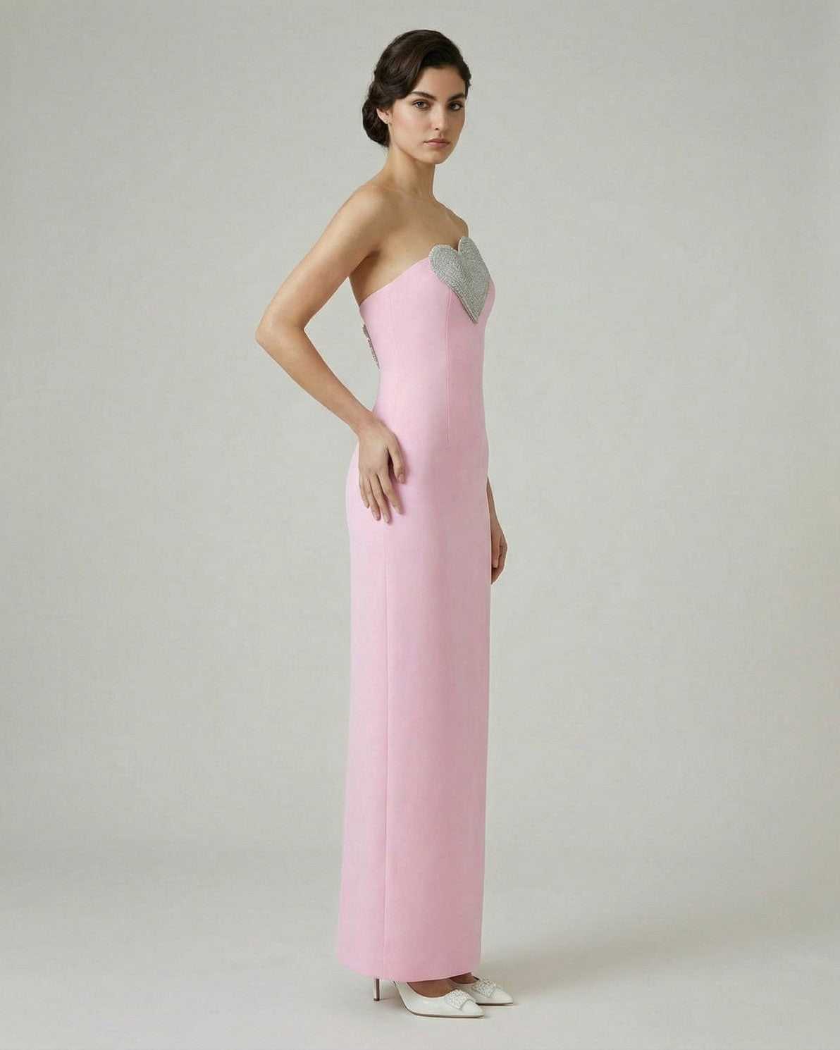 Rosalind Maxi Dress by Lauven, a pink strapless gown with embellished heart detail and a sleek sheath silhouette.