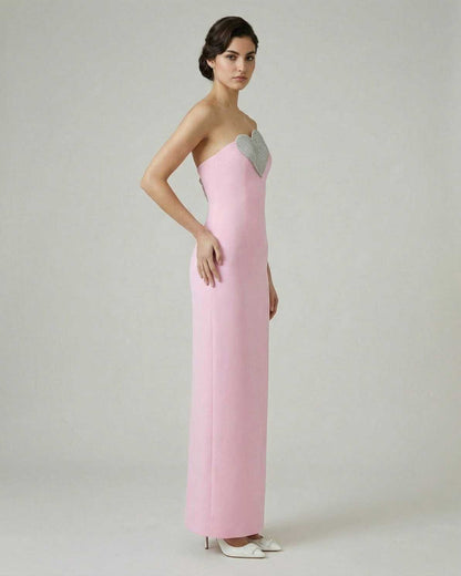 Rosalind Maxi Dress by Lauven, a pink strapless gown with embellished heart detail and a sleek sheath silhouette.