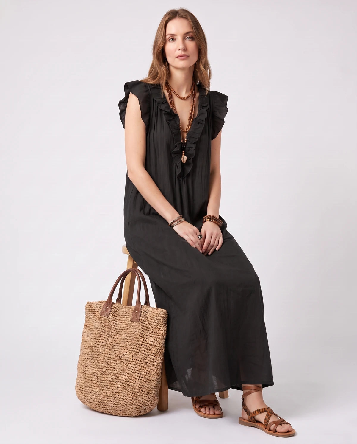 Rosanne Midi Dresses — Black | SKU: SD-04996-black-XS,SD-04996-black-S,SD-04996-black-M,SD-04996-black-L,SD-04996-black-XL,SD-04996-black-2XL