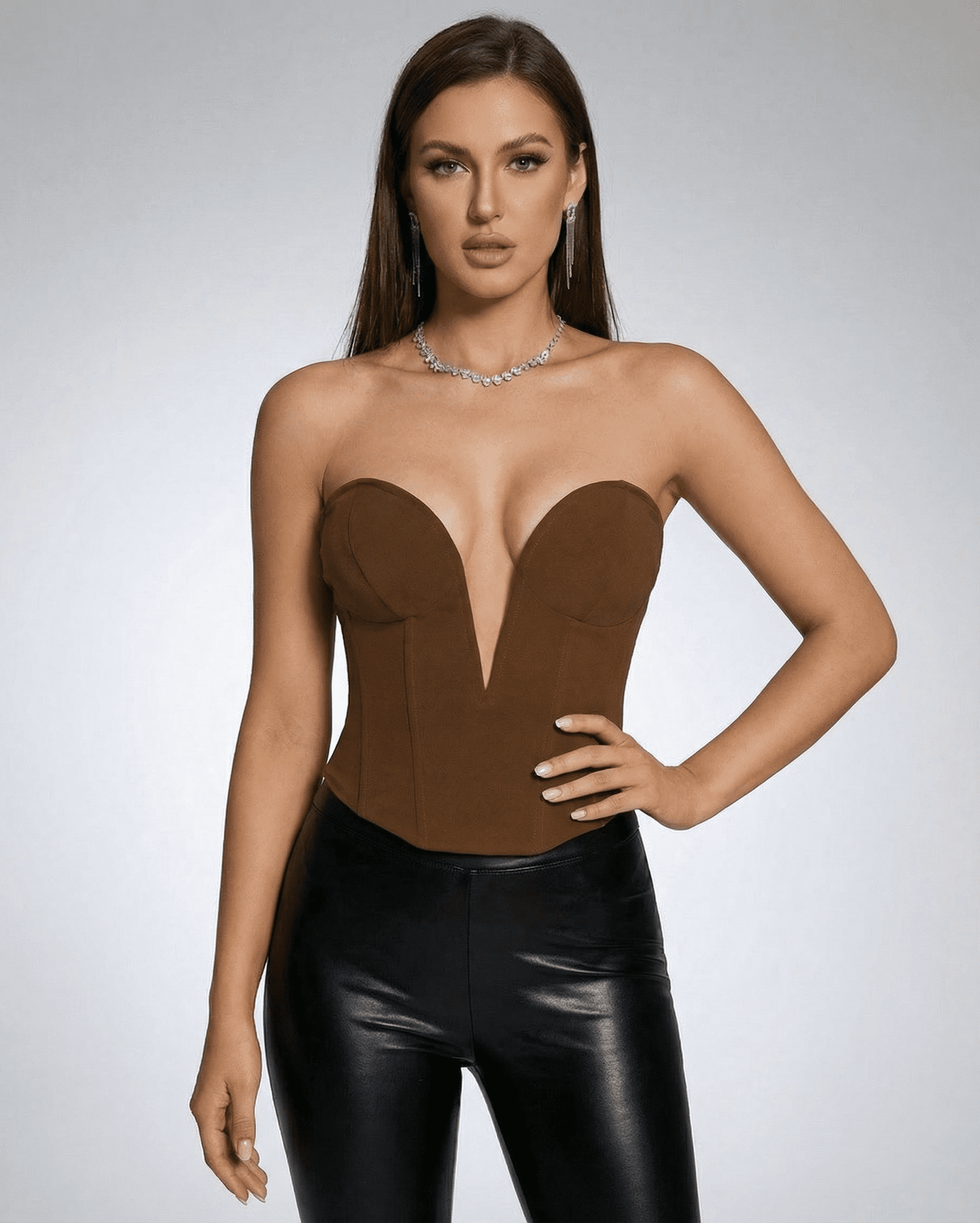 Ruby Corset Top by SLIMONA - Elegant strapless design with a deep neckline, perfect for confident, sophisticated styling.