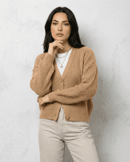 Saffron Cardigan by SLIMONA - Elegant beige knitwear with relaxed V-neck silhouette.
