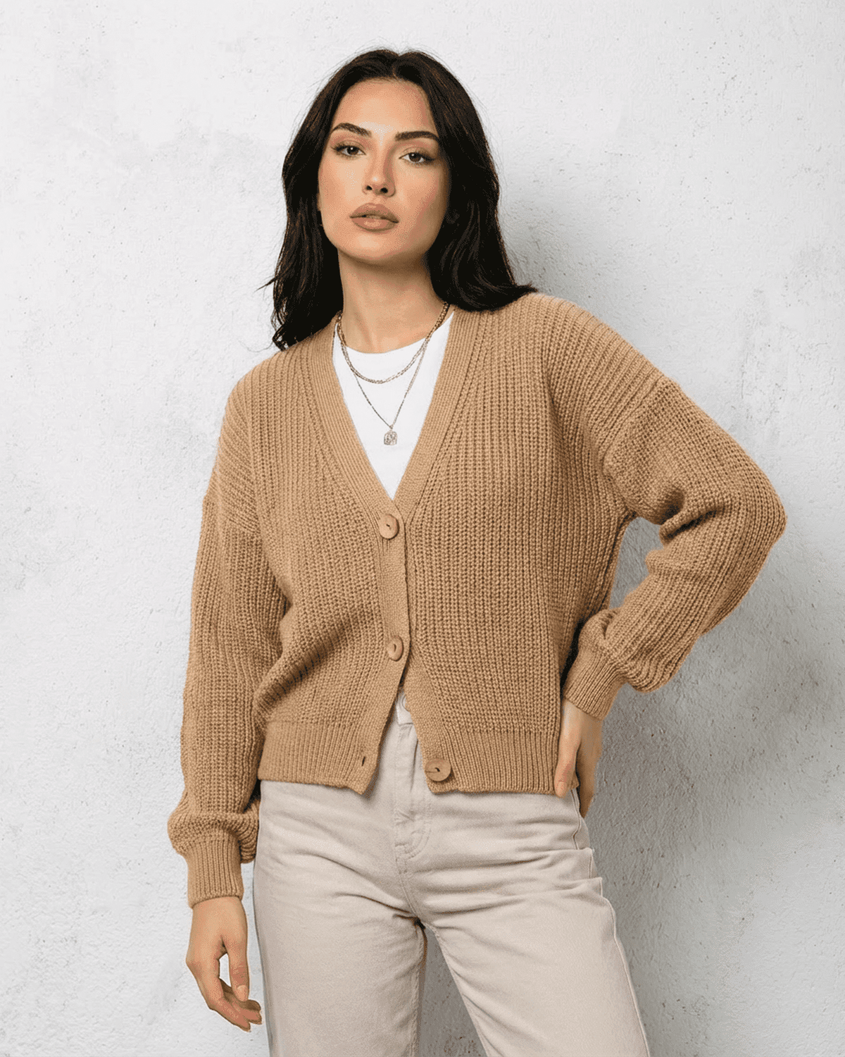 Saffron Cardigan by SLIMONA, elegant beige knitwear with relaxed V-neck and cozy fit.