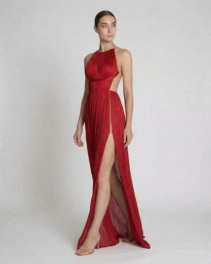 Saffron Maxi Dress by Lauven, featuring pleated texture and halter neckline in vibrant red.