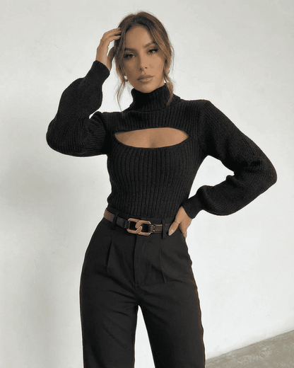 Sarina Sweater by SLIMONA - Chic black hollow out mock neck sweater showcasing modern elegance.