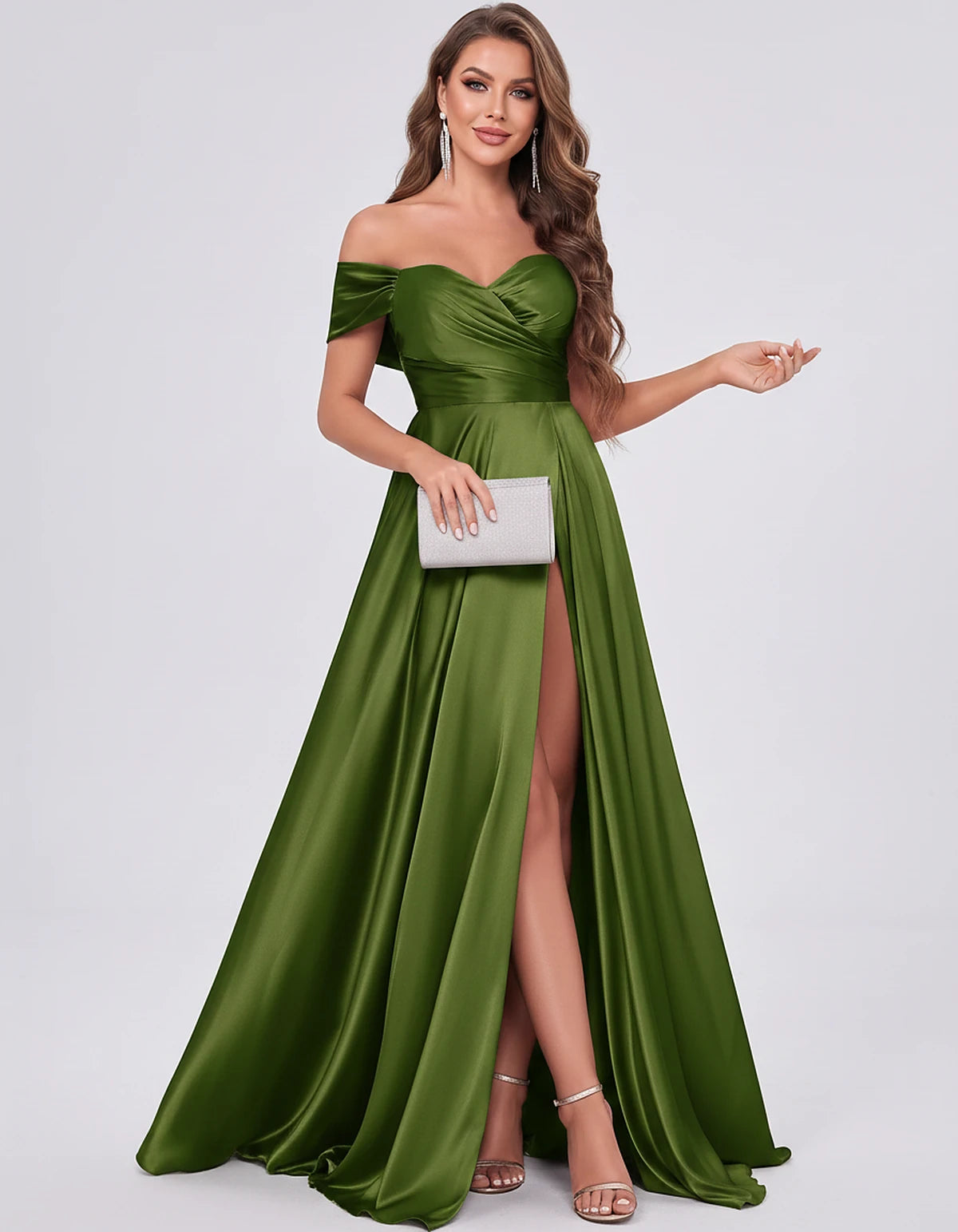 Satin Off-the-Shoulder Sweetheart A-Line Maxi Dress with Slit for Party, Cocktail, Evening, Wedding Guest, Prom & Summer Even