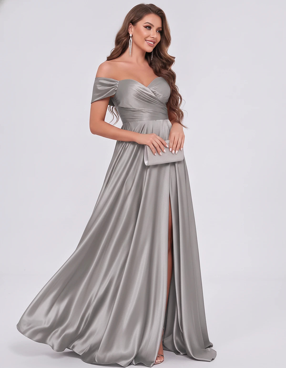 Satin Off-the-Shoulder Sweetheart A-Line Maxi Dress with Slit for Party, Cocktail, Evening, Wedding Guest, Prom & Summer Even