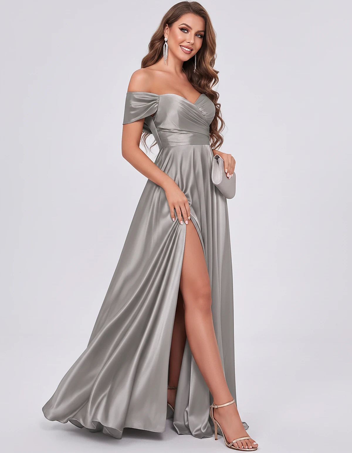 Satin Off-the-Shoulder Sweetheart A-Line Maxi Dress with Slit for Party, Cocktail, Evening, Wedding Guest, Prom & Summer Even