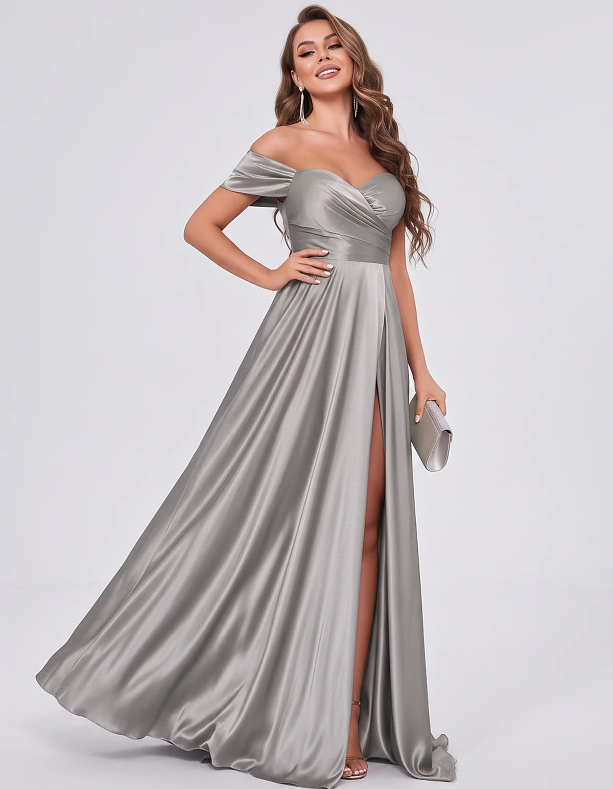 Satin Off-the-Shoulder Sweetheart A-Line Maxi Dress with Slit for Party, Cocktail, Evening, Wedding Guest, Prom & Summer Even