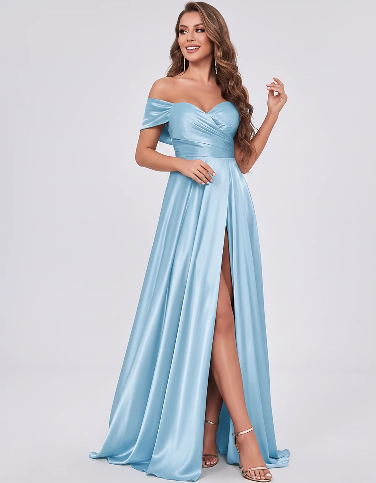 Satin Off-the-Shoulder Sweetheart A-Line Maxi Dress with Slit for Party, Cocktail, Evening, Wedding Guest, Prom & Summer Even