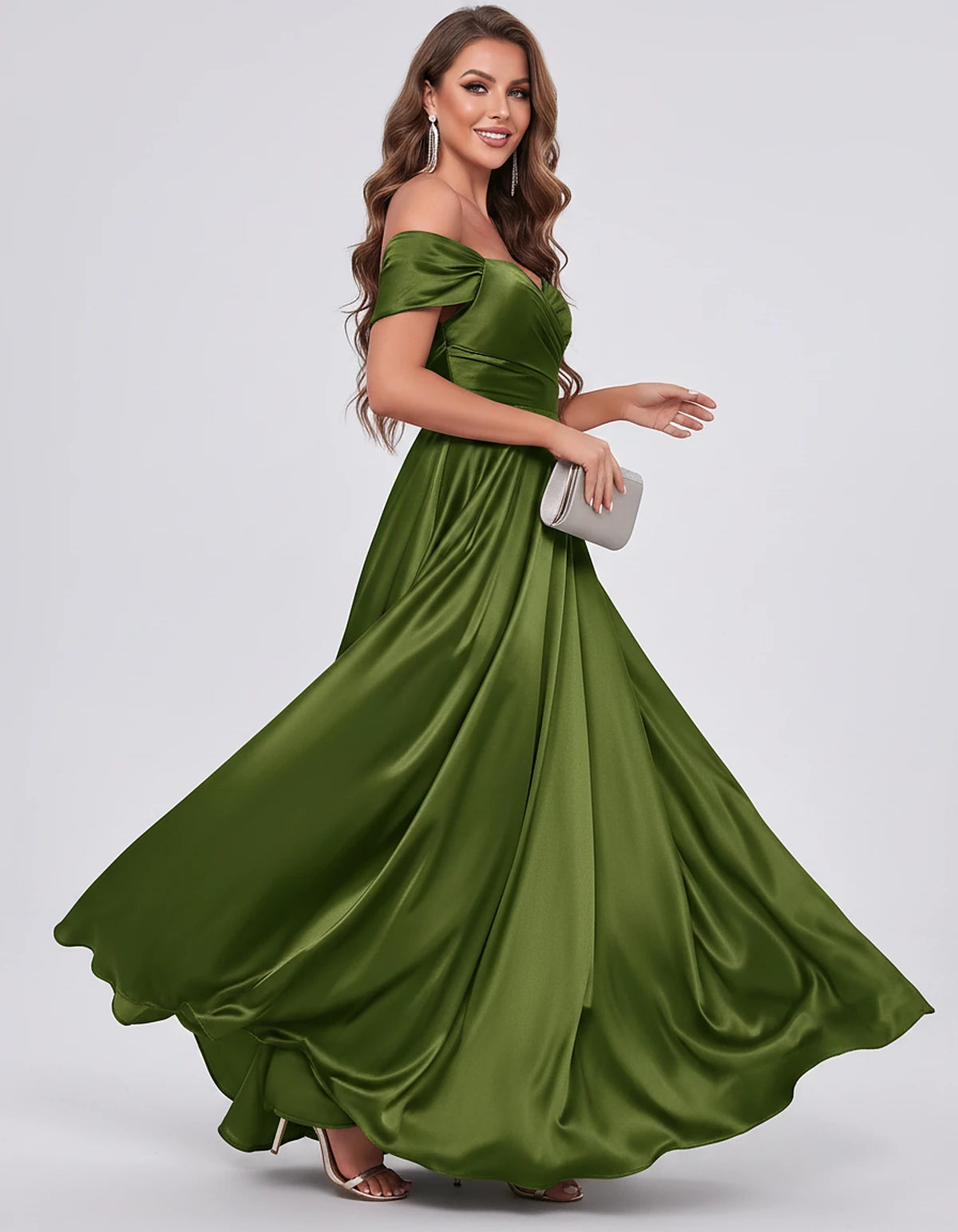 Satin Off-the-Shoulder Sweetheart A-Line Maxi Dress with Slit for Party, Cocktail, Evening, Wedding Guest, Prom & Summer Even