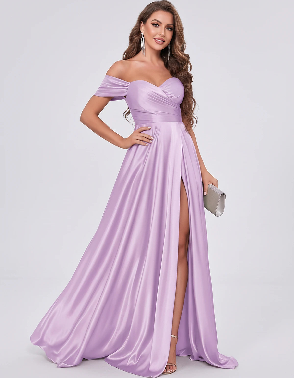 Satin Off-the-Shoulder Sweetheart A-Line Maxi Dress with Slit for Party, Cocktail, Evening, Wedding Guest, Prom & Summer Even