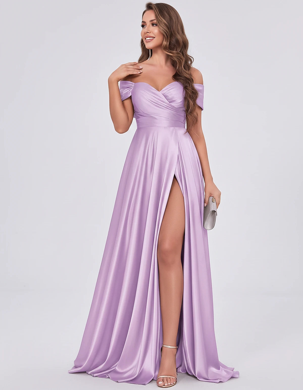 Satin Off-the-Shoulder Sweetheart A-Line Maxi Dress with Slit for Party, Cocktail, Evening, Wedding Guest, Prom & Summer Even