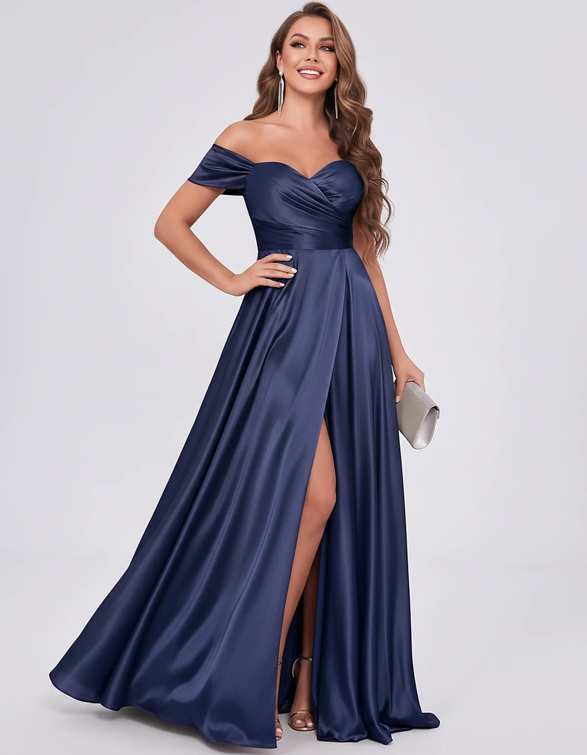 Satin Off-the-Shoulder Sweetheart A-Line Maxi Dress with Slit for Party, Cocktail, Evening, Wedding Guest, Prom & Summer Even
