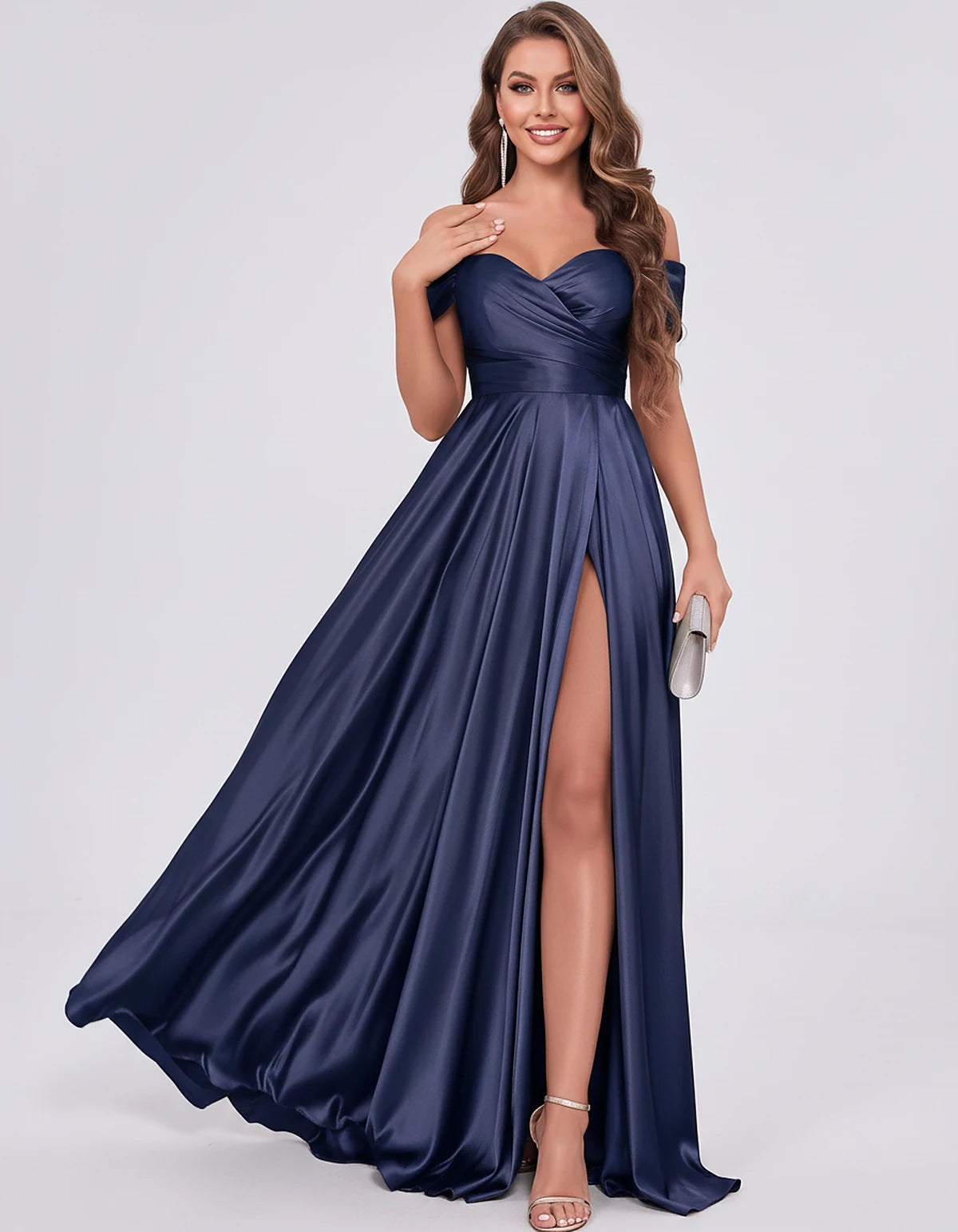 Satin Off-the-Shoulder Sweetheart A-Line Maxi Dress with Slit for Party, Cocktail, Evening, Wedding Guest, Prom & Summer Even