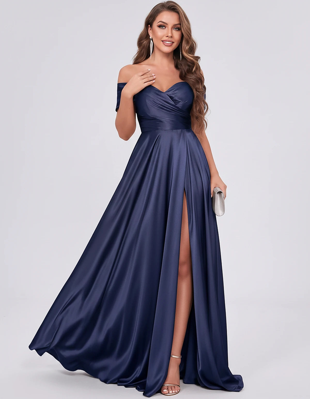 Satin Off-the-Shoulder Sweetheart A-Line Maxi Dress with Slit for Party, Cocktail, Evening, Wedding Guest, Prom & Summer Even