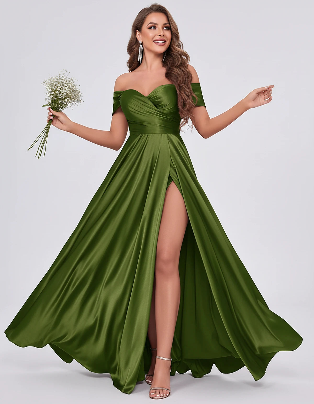 Satin Off-the-Shoulder Sweetheart A-Line Maxi Dress with Slit for Party, Cocktail, Evening, Wedding Guest, Prom & Summer Even