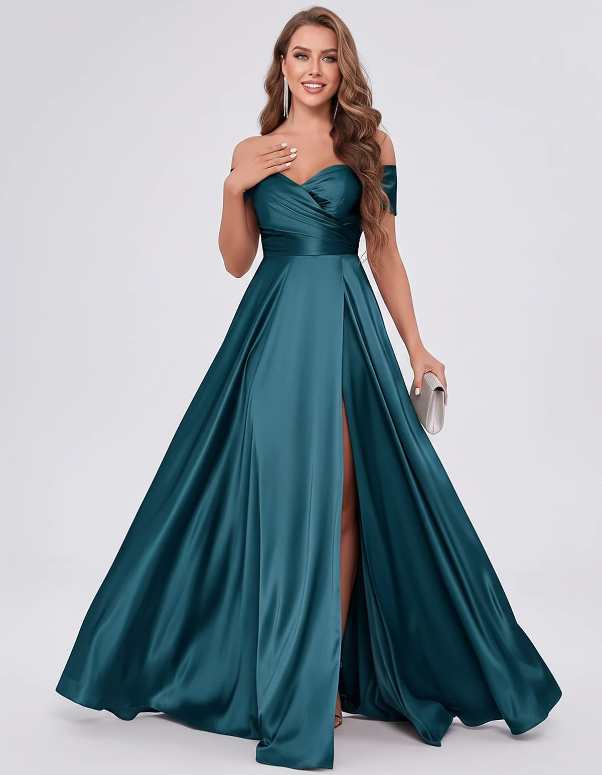 Satin Off-the-Shoulder Sweetheart A-Line Maxi Dress with Slit for Party, Cocktail, Evening, Wedding Guest, Bridesmaid & Summe