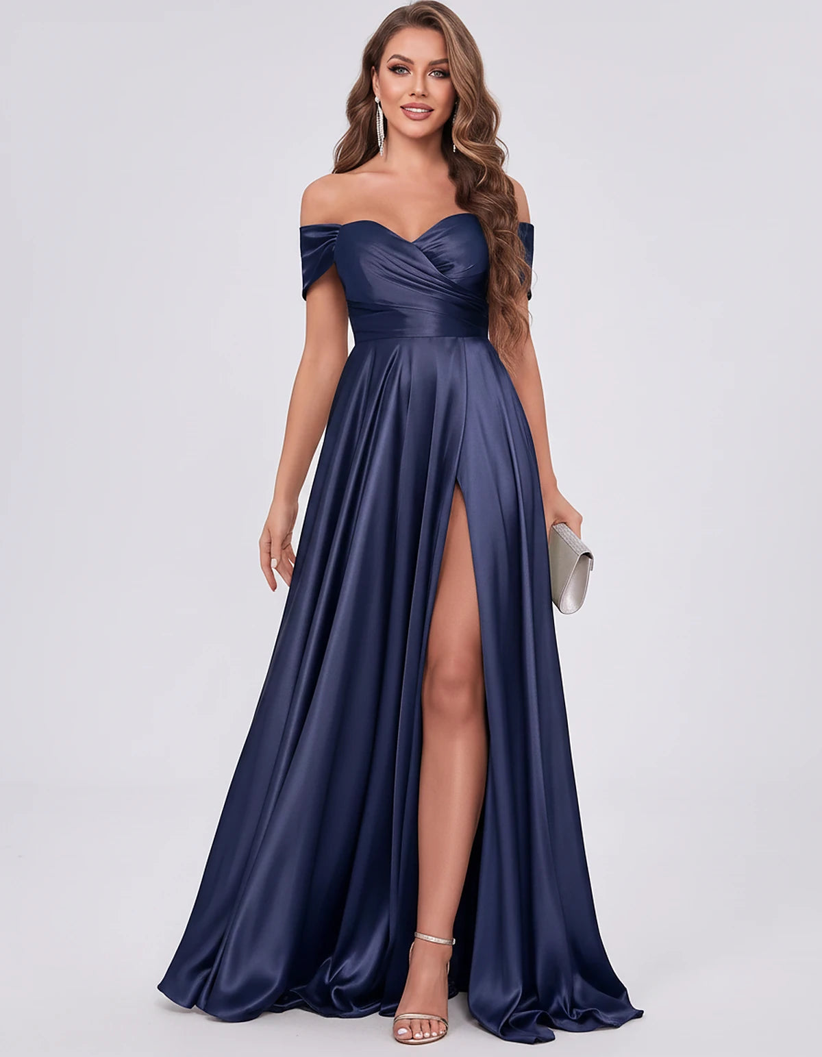 Satin Off-the-Shoulder Sweetheart A-Line Maxi Dress with Slit for Party, Cocktail, Evening, Wedding Guest, Prom & Summer Even
