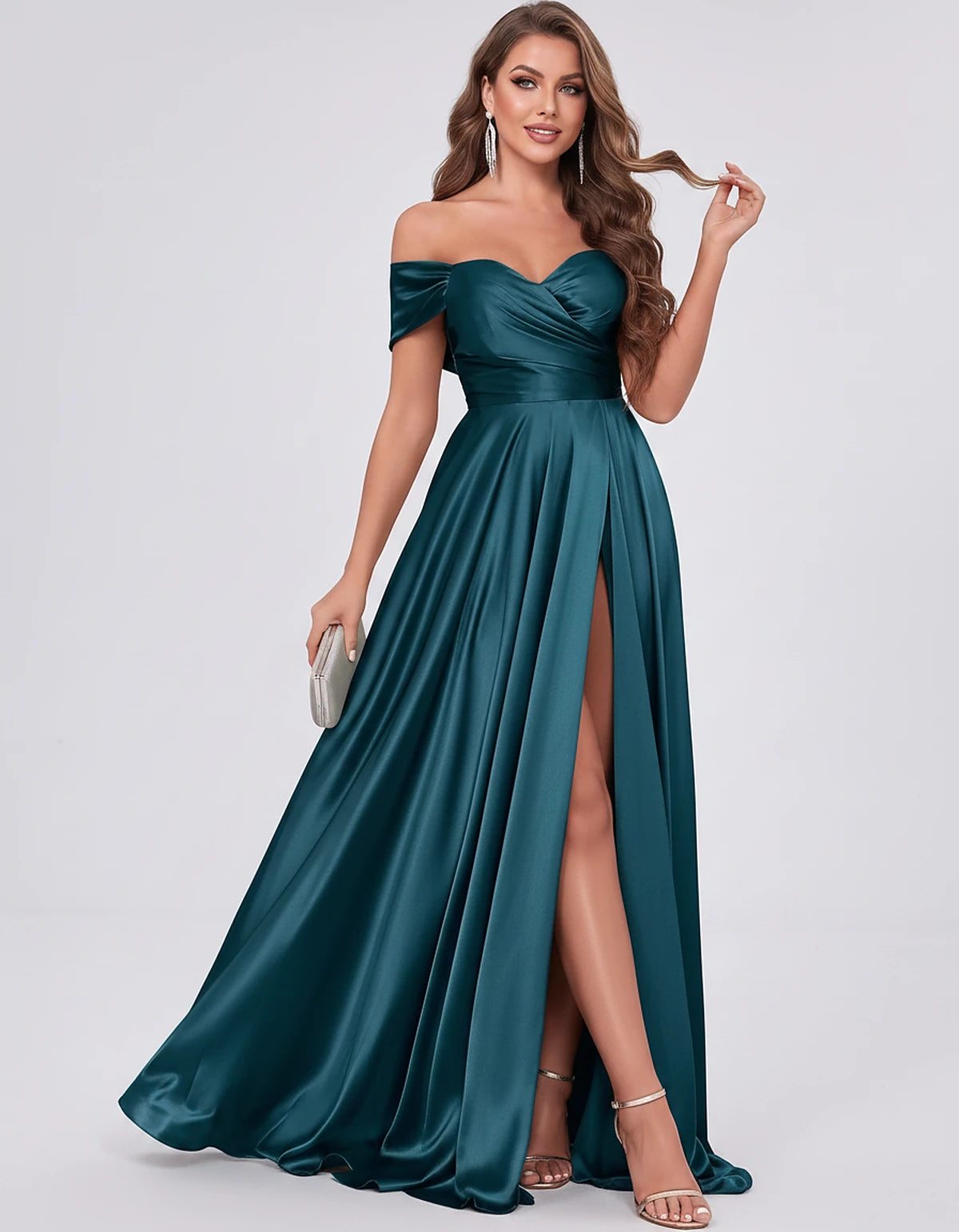Satin Off-the-Shoulder Sweetheart A-Line Maxi Dress with Slit for Party, Cocktail, Evening, Wedding Guest, Prom & Summer Even