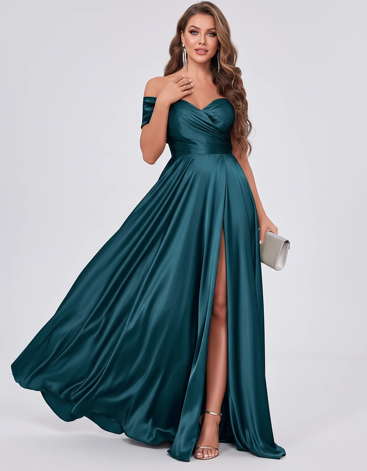 Satin Off-the-Shoulder Sweetheart A-Line Maxi Dress with Slit for Party, Cocktail, Evening, Wedding Guest, Prom & Summer Even