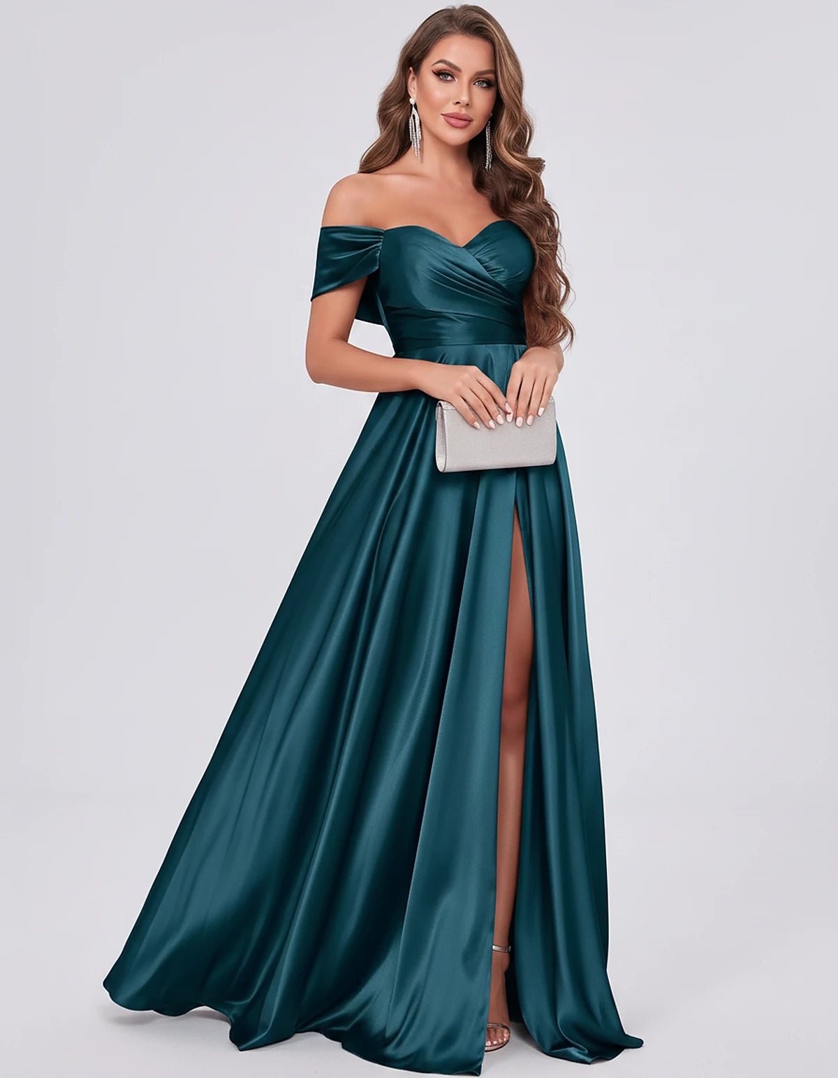 Satin Off-the-Shoulder Sweetheart A-Line Maxi Dress with Slit for Party, Cocktail, Evening, Wedding Guest, Prom & Summer Even