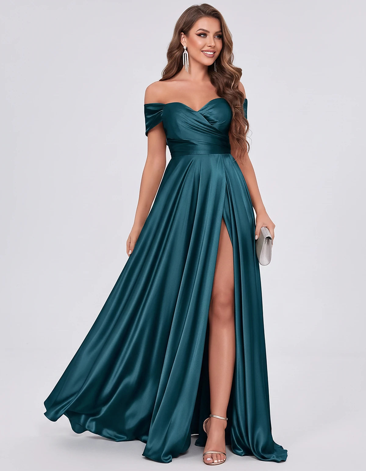 Satin Off-the-Shoulder Sweetheart A-Line Maxi Dress with Slit for Party, Cocktail, Evening, Wedding Guest, Prom & Summer Even
