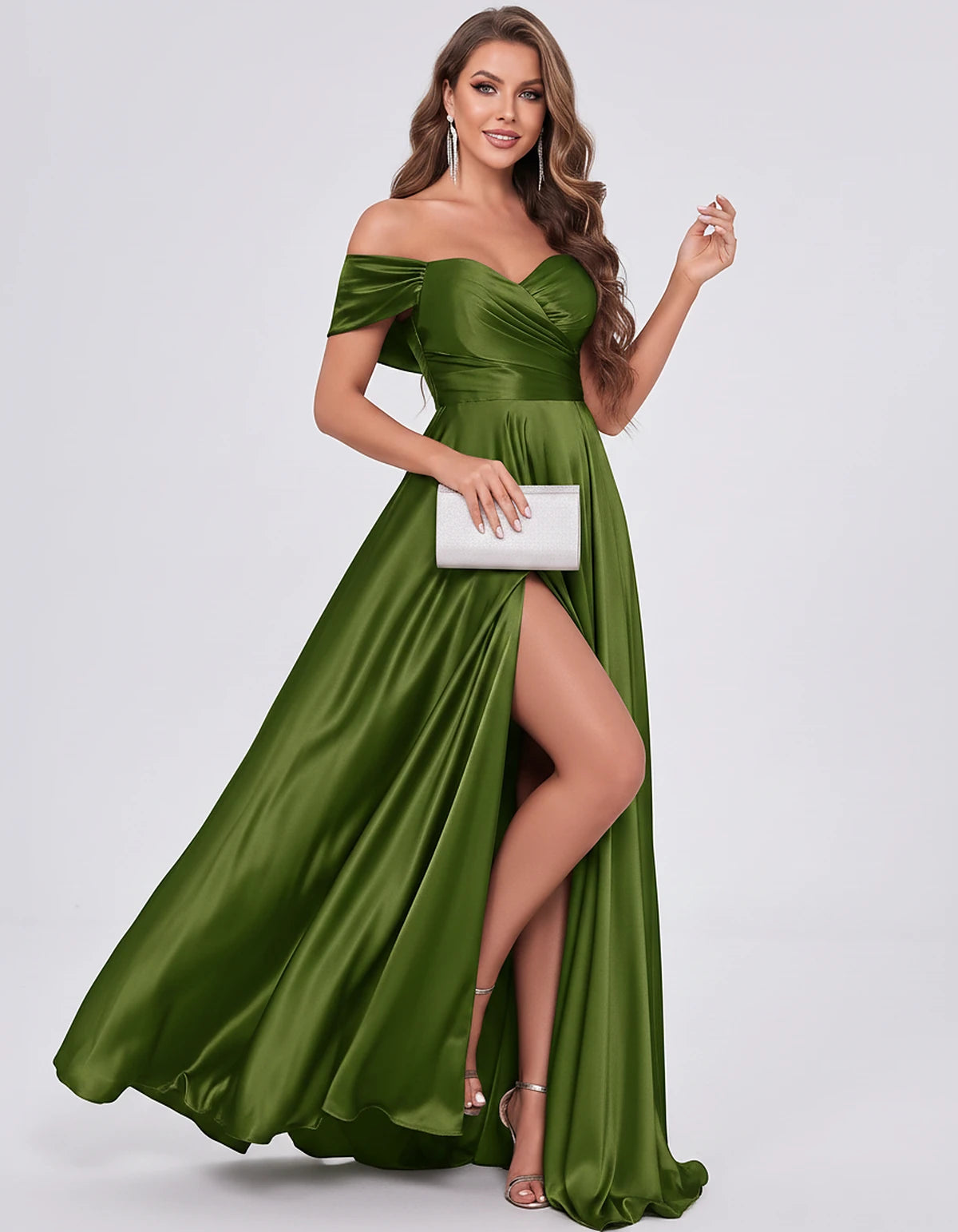 Satin Off-the-Shoulder Sweetheart A-Line Maxi Dress with Slit for Party, Cocktail, Evening, Wedding Guest, Prom & Summer Even