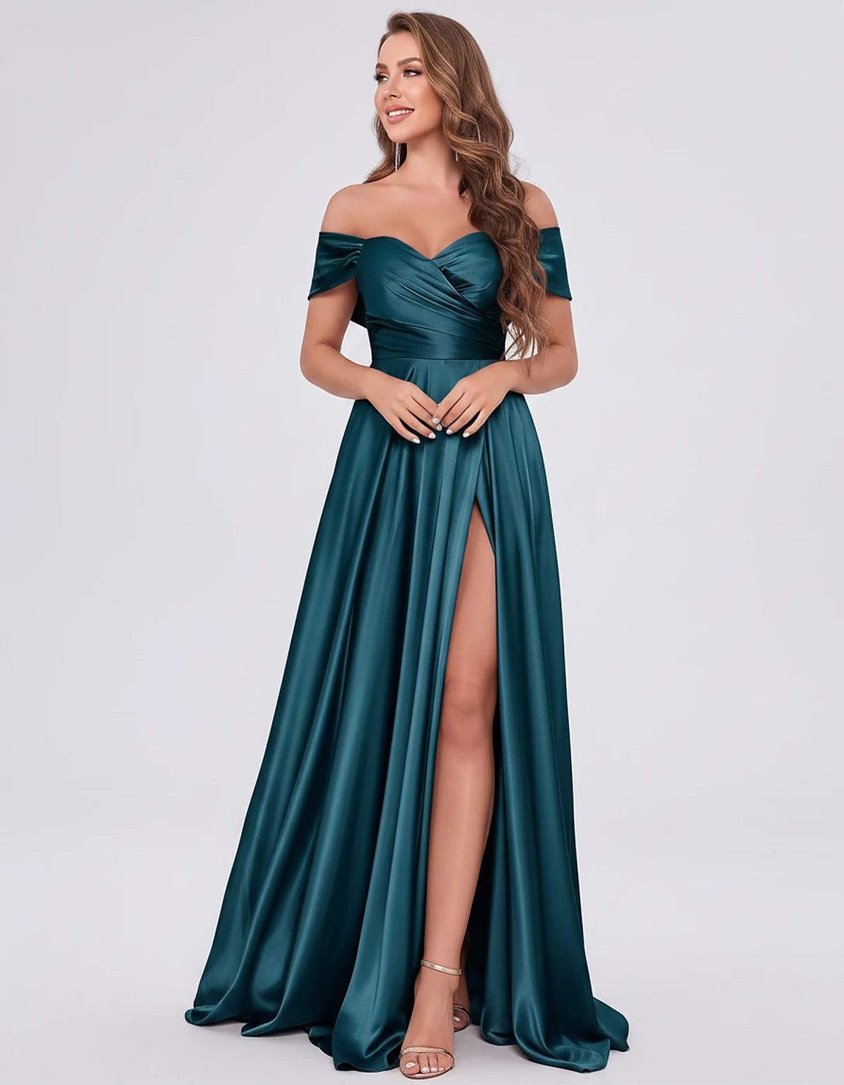 Satin Off-the-Shoulder Sweetheart A-Line Maxi Dress with Slit for Party, Cocktail, Evening, Wedding Guest, Bridesmaid & Summe