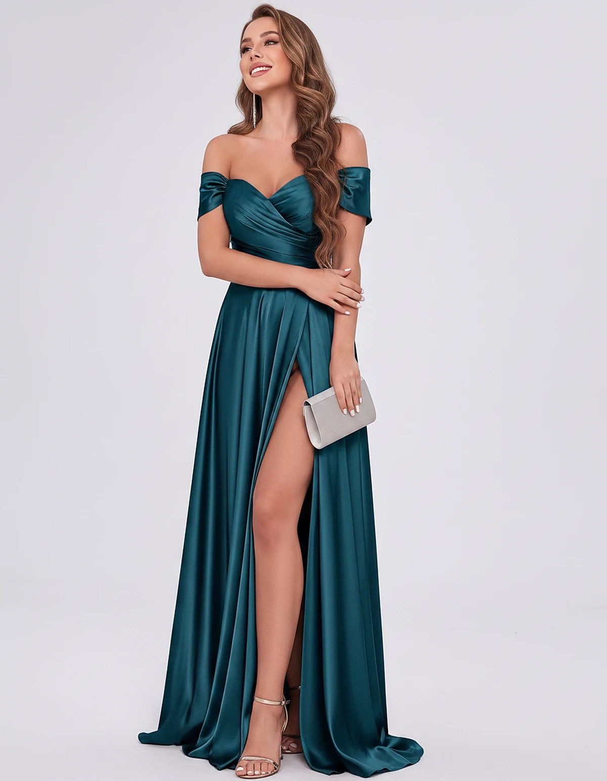 Satin Off-the-Shoulder Sweetheart A-Line Maxi Dress with Slit for Party, Cocktail, Evening, Wedding Guest, Bridesmaid & Summe