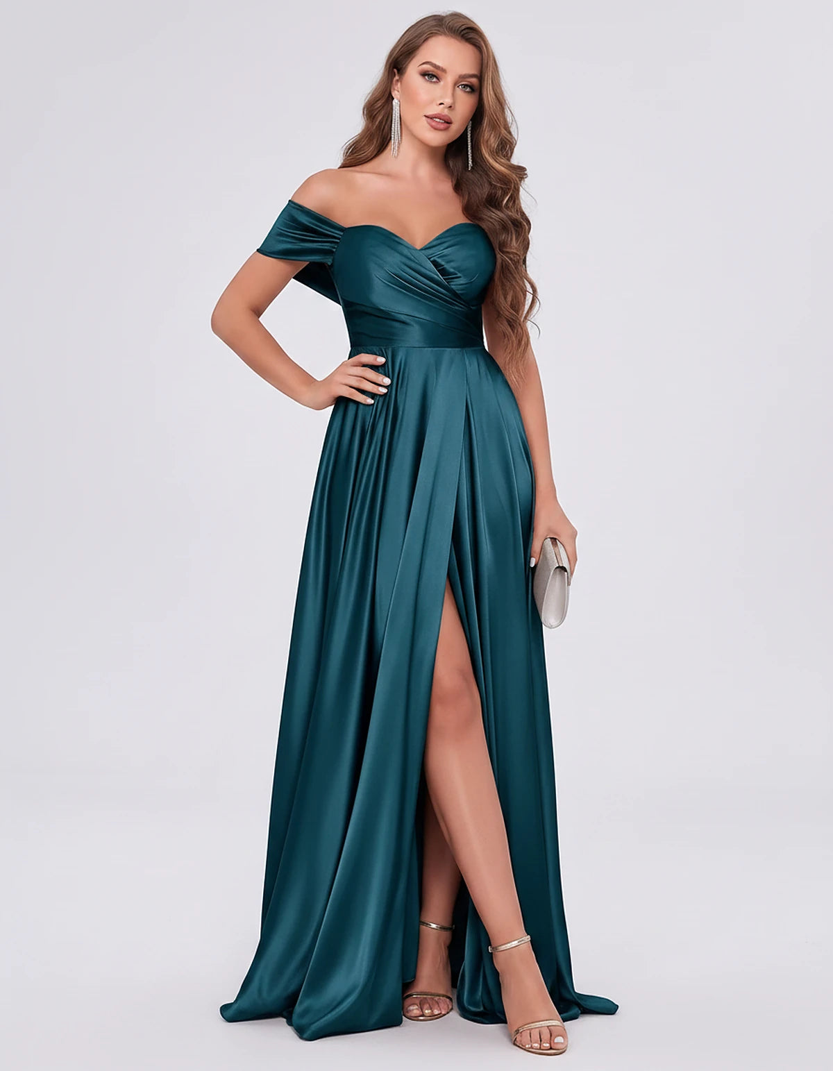 Satin Off-the-Shoulder Sweetheart A-Line Maxi Dress with Slit for Party, Cocktail, Evening, Wedding Guest, Bridesmaid & Summe