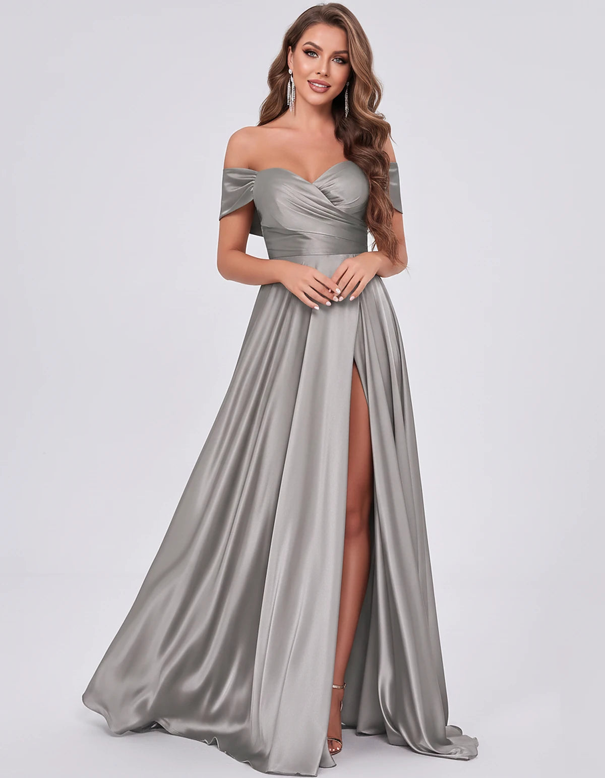 Satin Off-the-Shoulder Sweetheart A-Line Maxi Dress with Slit for Party, Cocktail, Evening, Wedding Guest, Prom & Summer Even