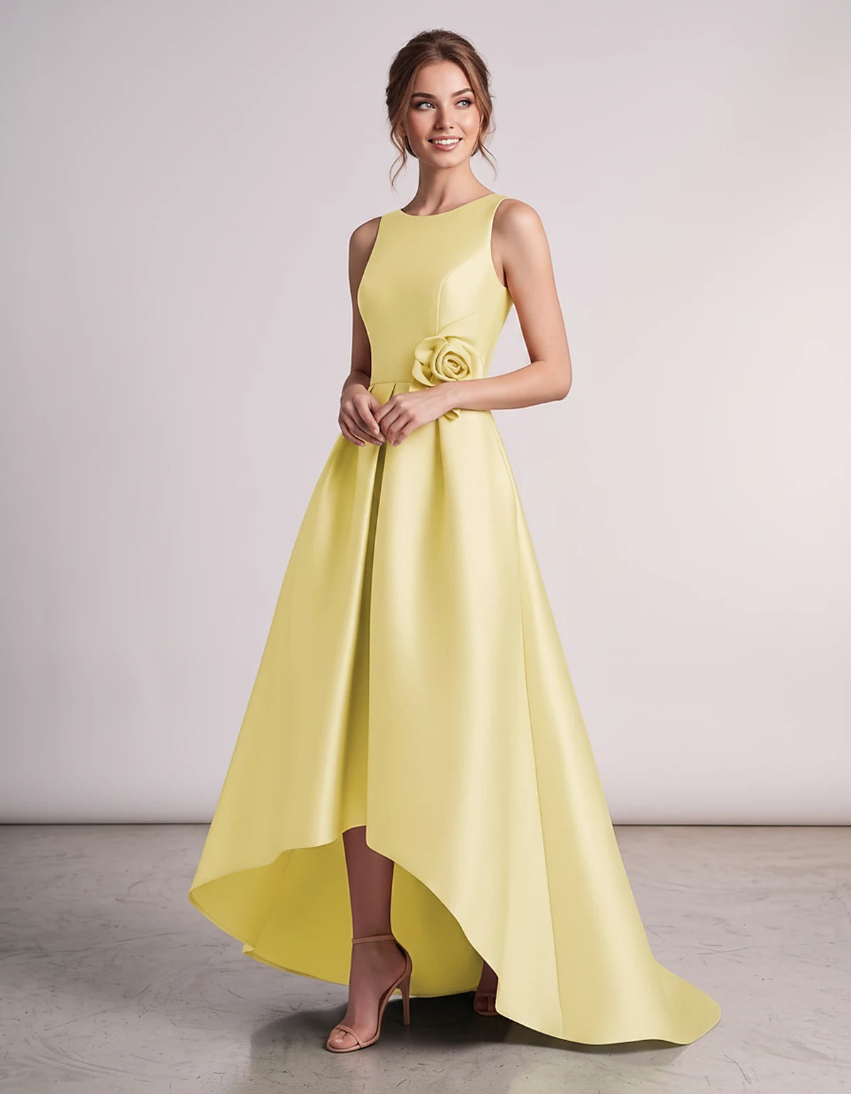 Satin Sleeveless Crew Neck A-Line High-Low Maxi Dress with Pockets for Wedding Guest, Party, Cocktail, Evening & Formal Event