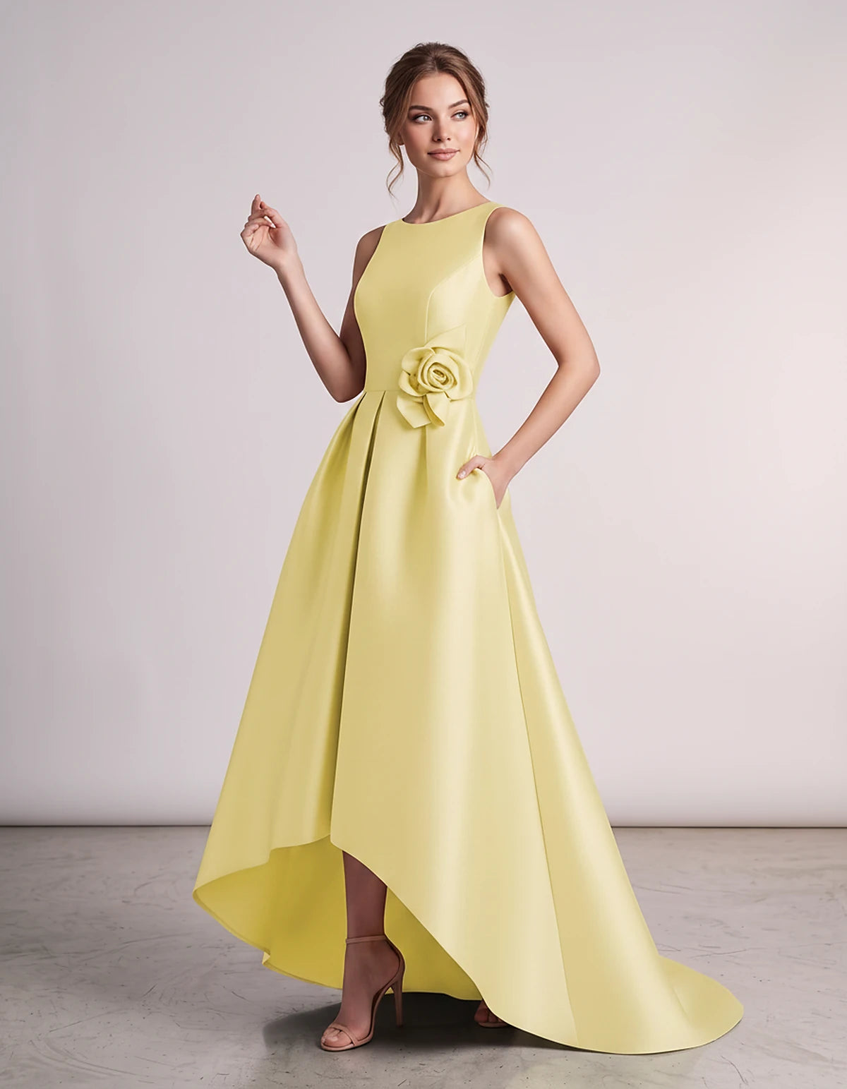 Satin Sleeveless Crew Neck A-Line High-Low Maxi Dress with Pockets for Wedding Guest, Party, Cocktail, Evening & Formal Event