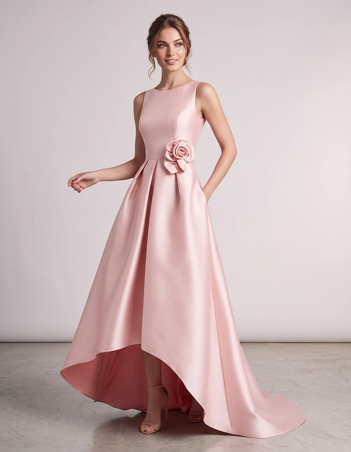 Satin Sleeveless Crew Neck A-Line High-Low Maxi Dress with Pockets for Wedding Guest, Party, Cocktail, Evening & Formal Event
