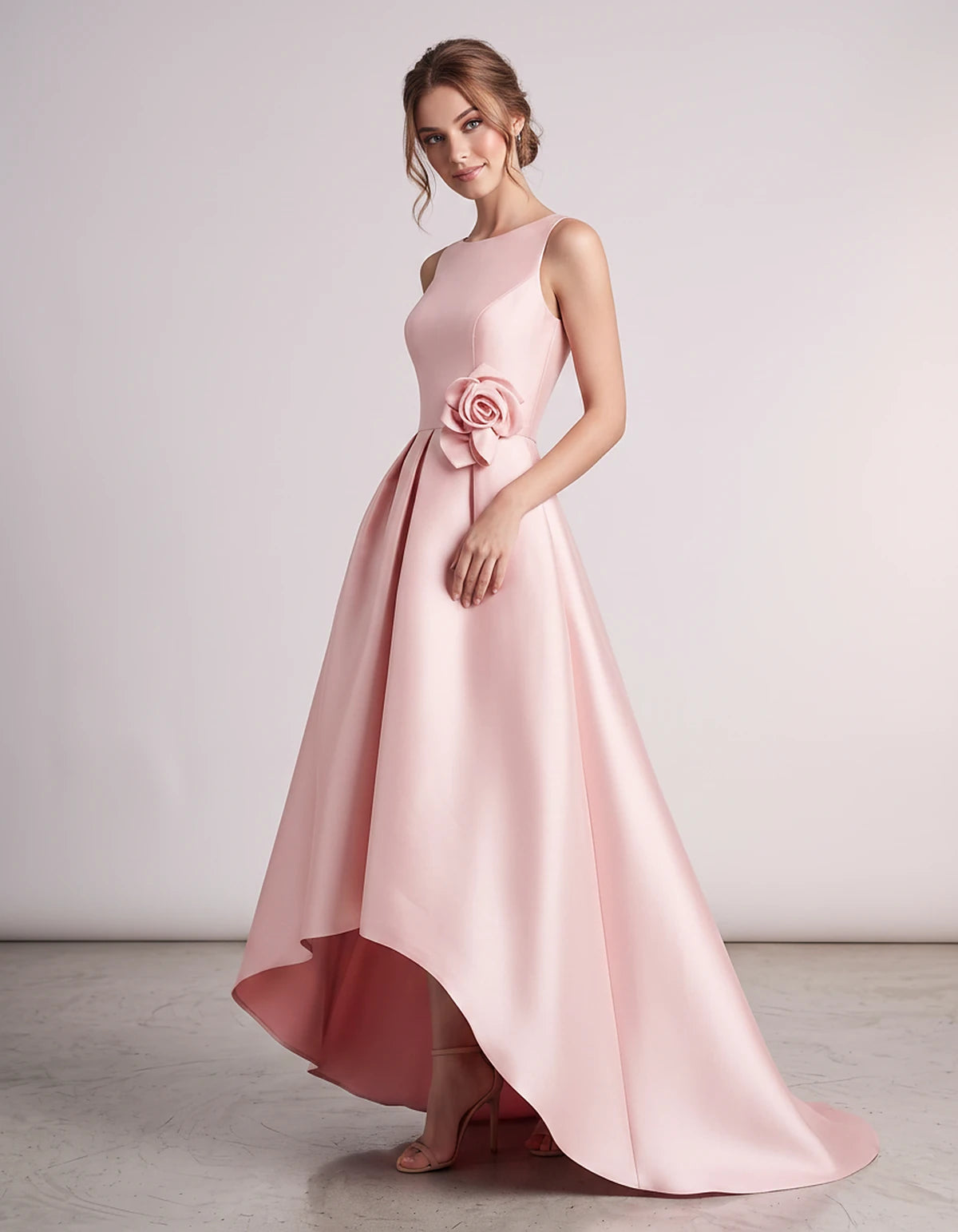 Satin Sleeveless Crew Neck A-Line High-Low Maxi Dress with Pockets for Wedding Guest, Party, Cocktail, Evening & Formal Event