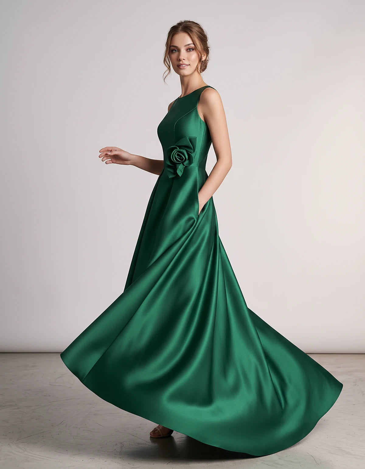 Satin Sleeveless Crew Neck A-Line High-Low Maxi Dress with Pockets for Wedding Guest, Party, Cocktail, Evening & Formal Event