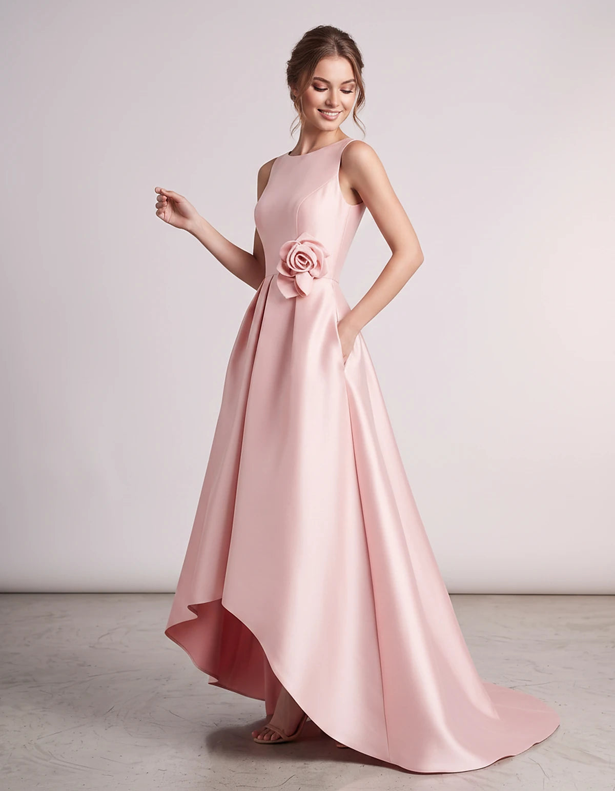 Satin Sleeveless Crew Neck A-Line High-Low Maxi Dress with Pockets for Wedding Guest, Party, Cocktail, Evening & Formal Event
