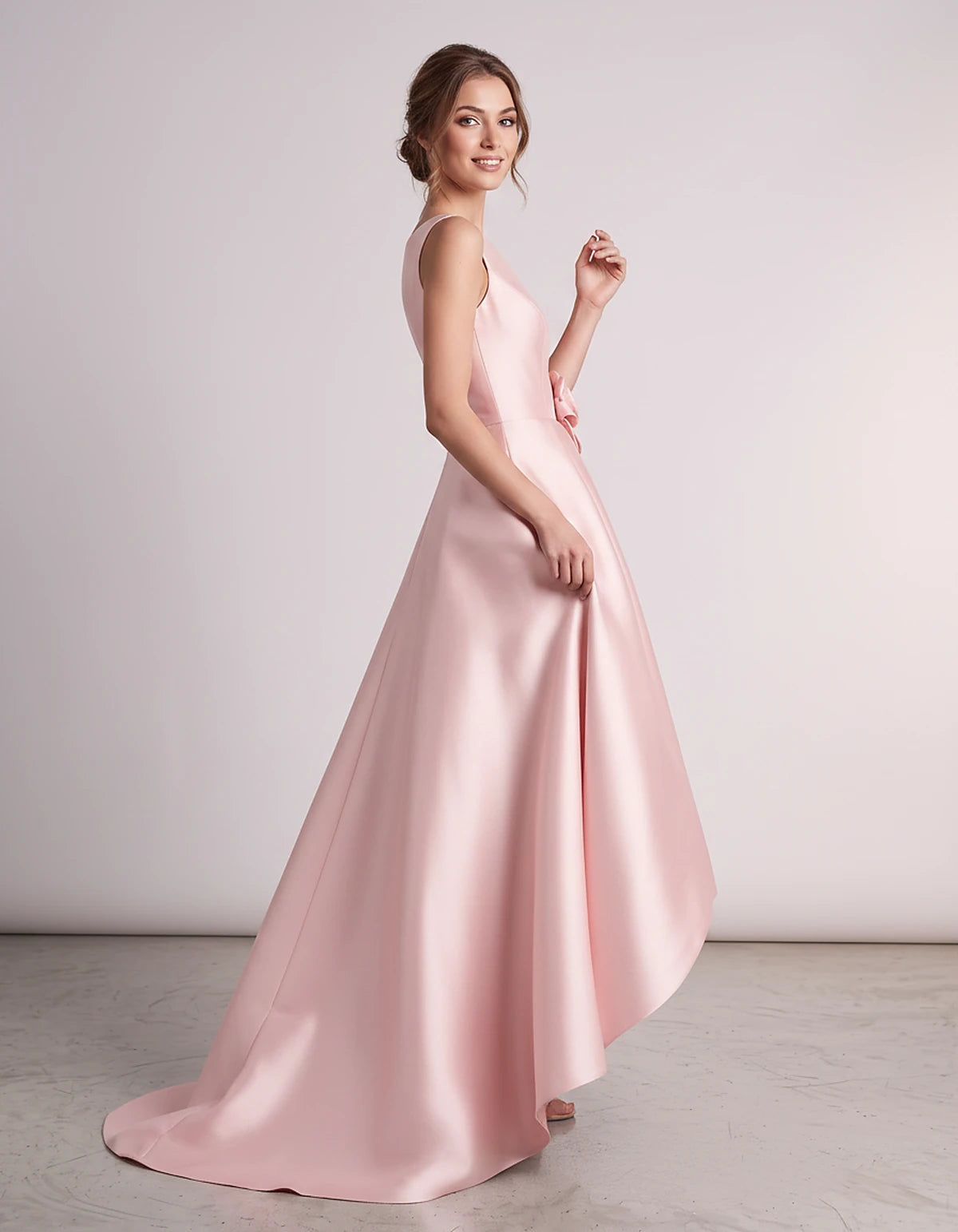 Satin Sleeveless Crew Neck A-Line High-Low Maxi Dress with Pockets for Wedding Guest, Party, Cocktail, Evening & Formal Event