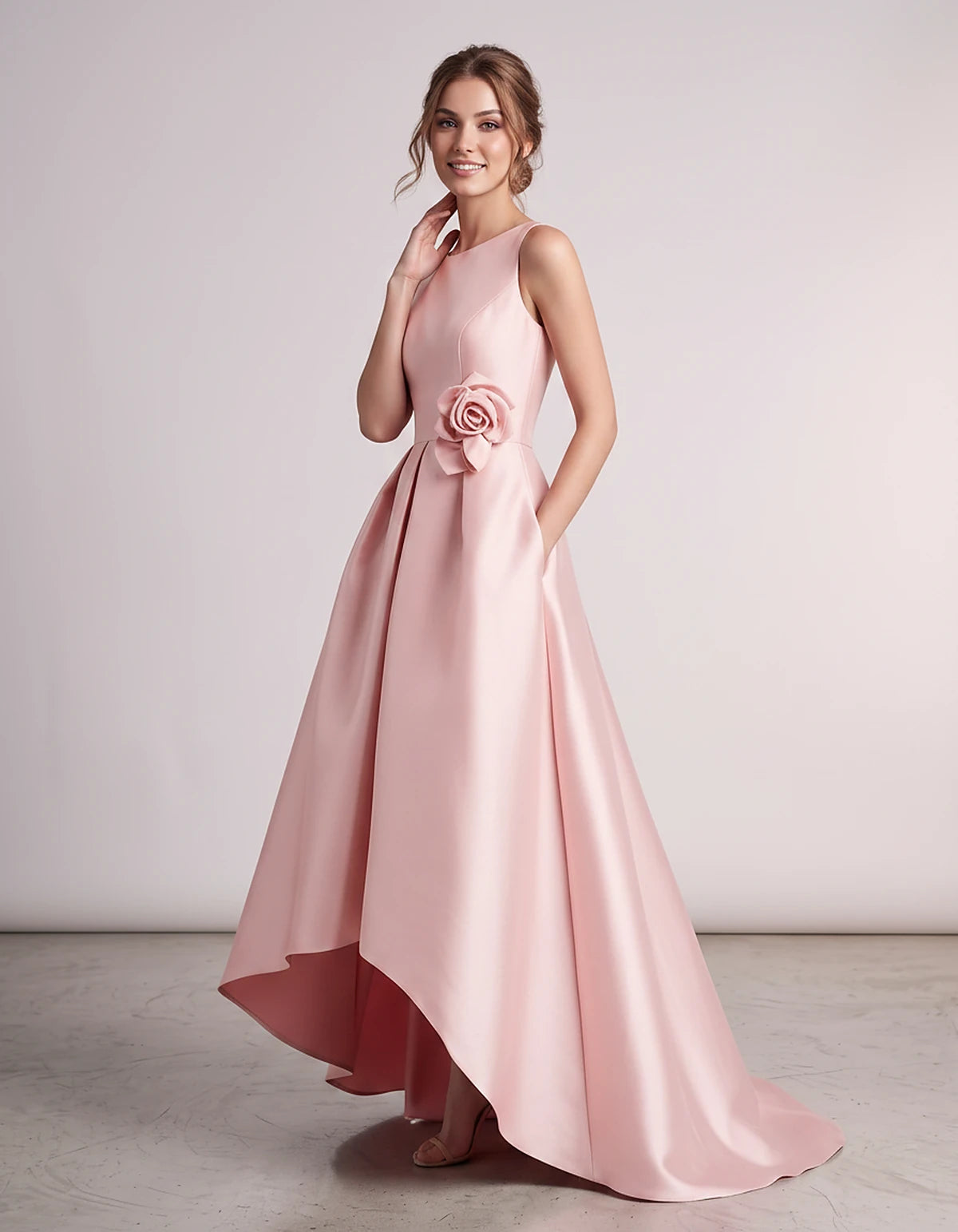 Satin Sleeveless Crew Neck A-Line High-Low Maxi Dress with Pockets for Wedding Guest, Party, Cocktail, Evening & Formal Event