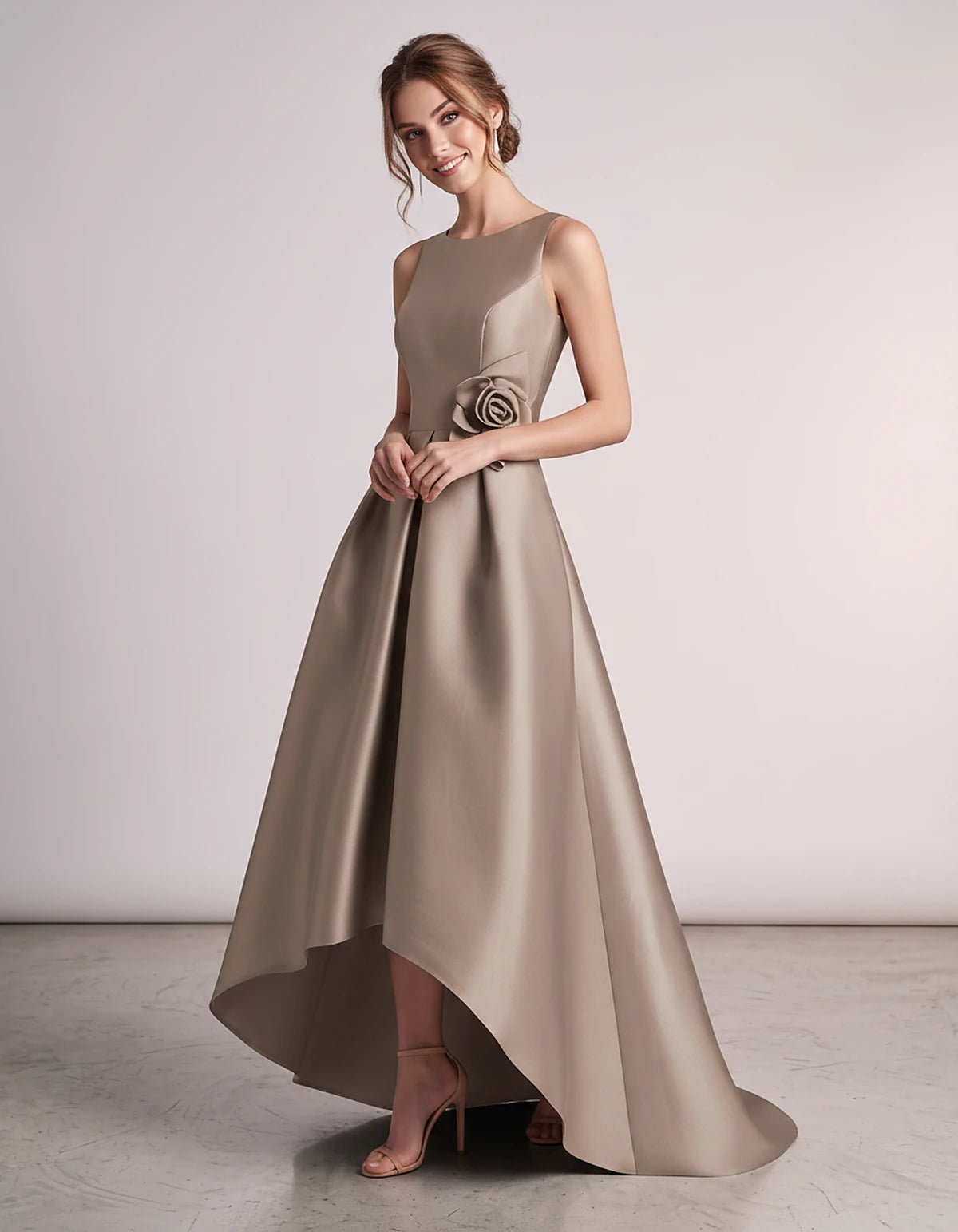 Satin Sleeveless Crew Neck A-Line High-Low Maxi Dress with Pockets for Wedding Guest, Party, Cocktail, Evening & Formal Event