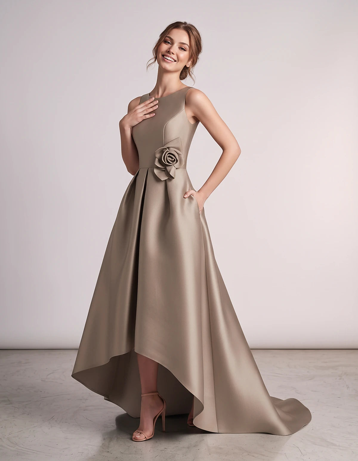 Satin Sleeveless Crew Neck A-Line High-Low Maxi Dress with Pockets for Wedding Guest, Party, Cocktail, Evening & Formal Event