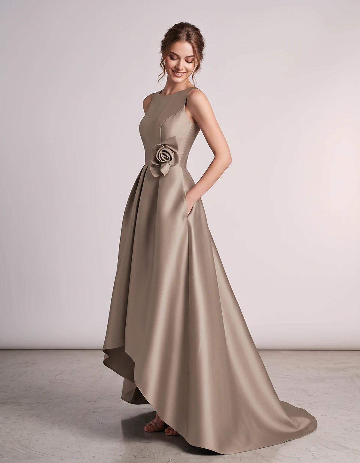 Satin Sleeveless Crew Neck A-Line High-Low Maxi Dress with Pockets for Wedding Guest, Party, Cocktail, Evening & Formal Event