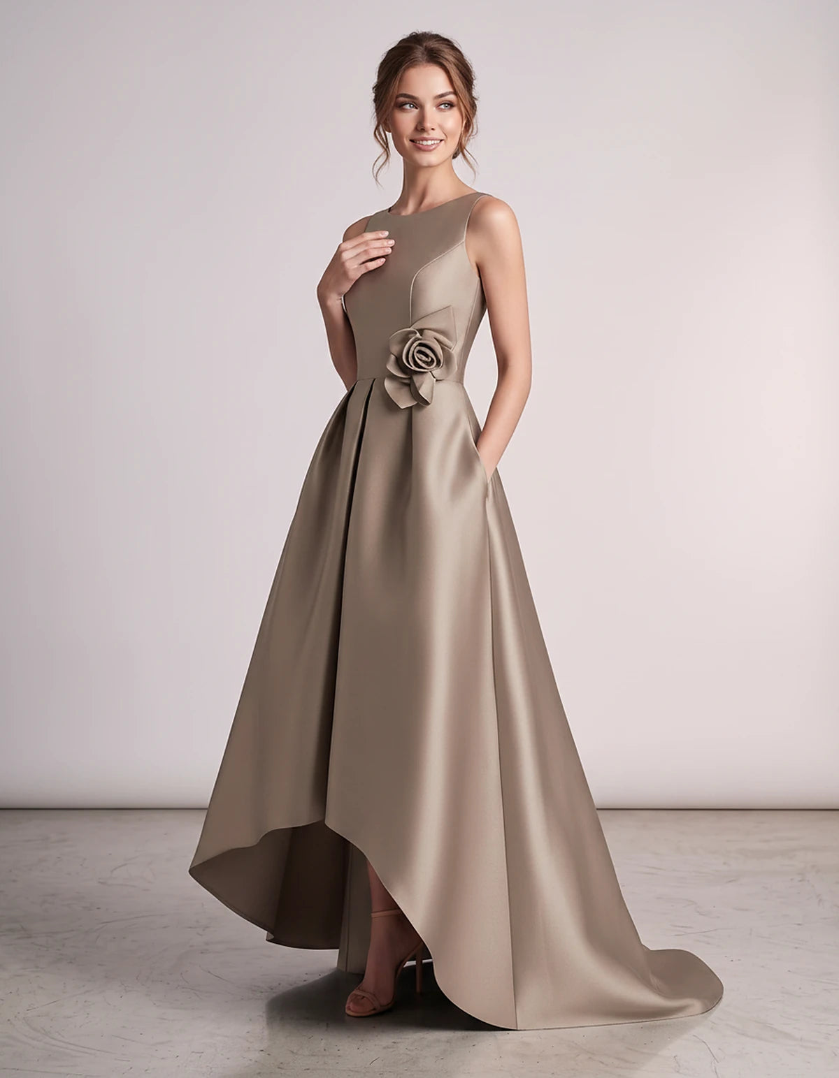 Satin Sleeveless Crew Neck A-Line High-Low Maxi Dress with Pockets for Wedding Guest, Party, Cocktail, Evening & Formal Event