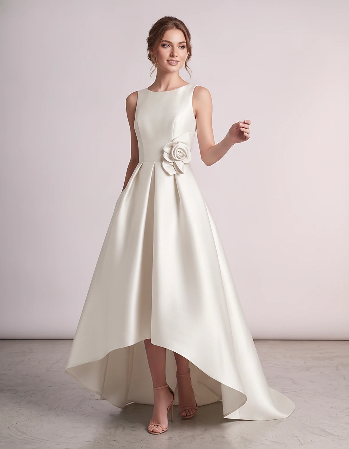 Satin Sleeveless Crew Neck A-Line High-Low Maxi Dress with Pockets for Wedding Guest, Party, Cocktail, Evening & Formal Event