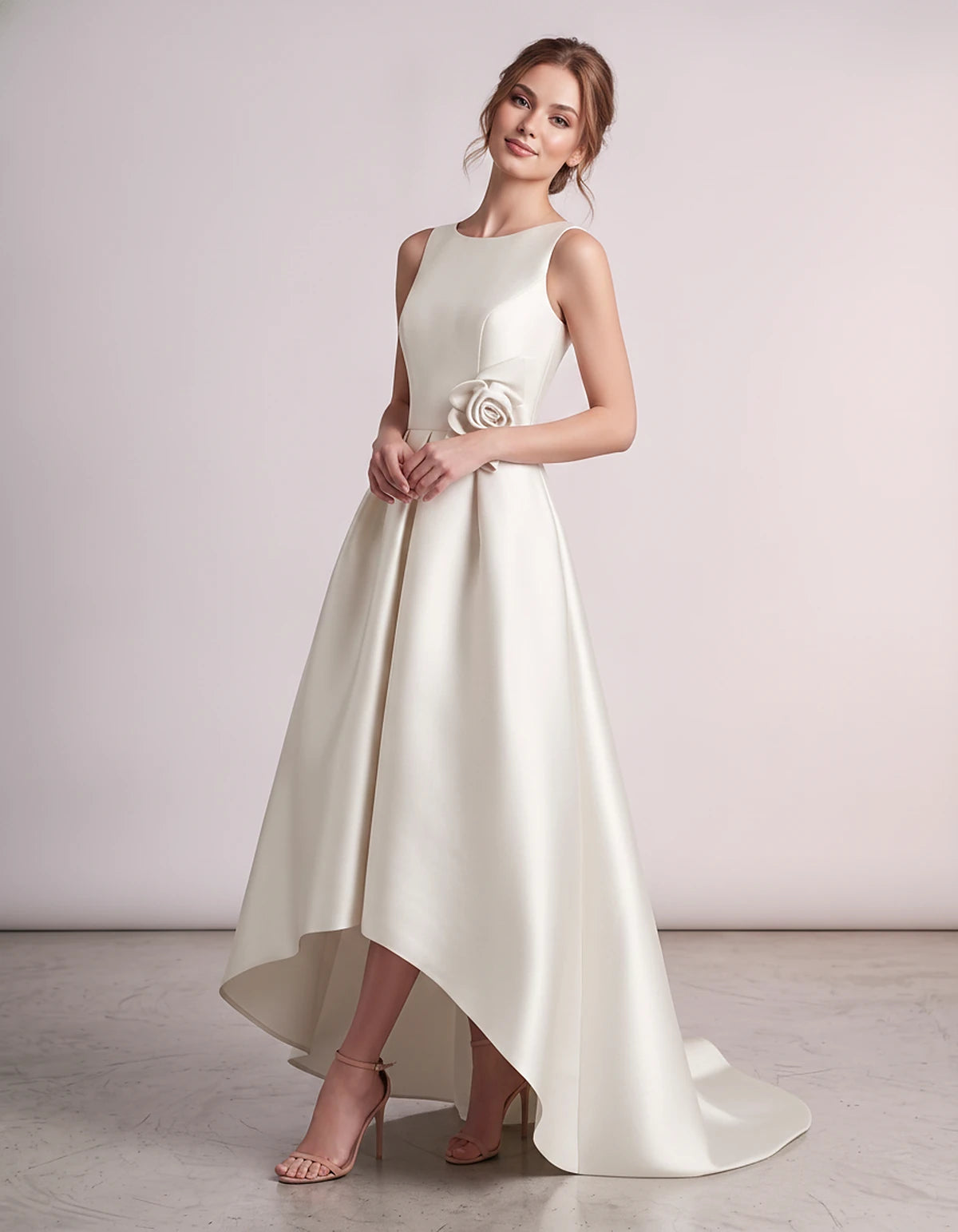 Satin Sleeveless Crew Neck A-Line High-Low Maxi Dress with Pockets for Wedding Guest, Party, Cocktail, Evening & Formal Event