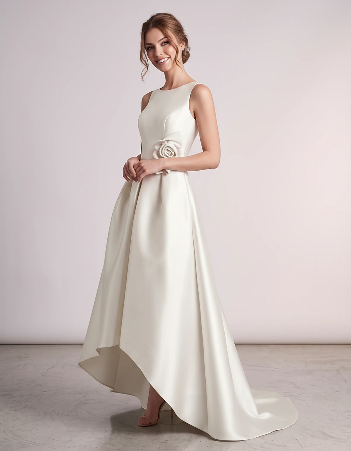 Satin Sleeveless Crew Neck A-Line High-Low Maxi Dress with Pockets for Wedding Guest, Party, Cocktail, Evening & Formal Event