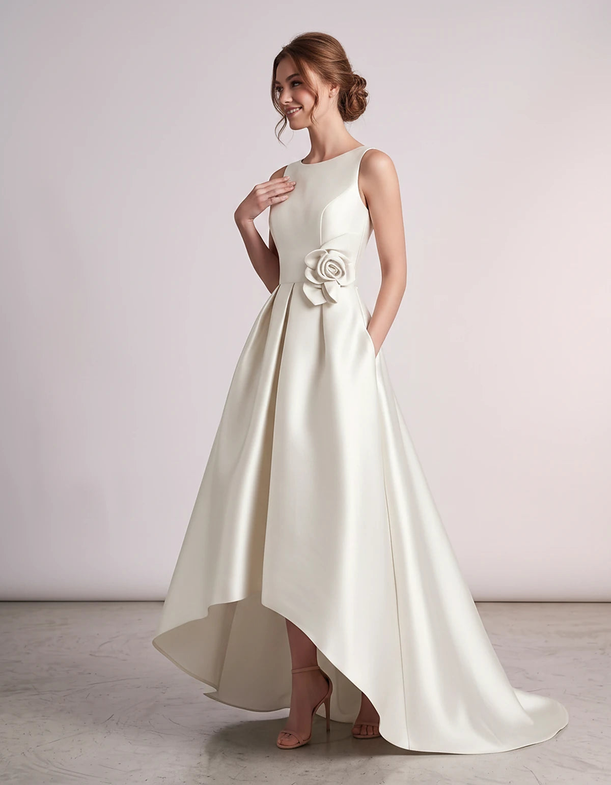 Satin Sleeveless Crew Neck A-Line High-Low Maxi Dress with Pockets for Wedding Guest, Party, Cocktail, Evening & Formal Event