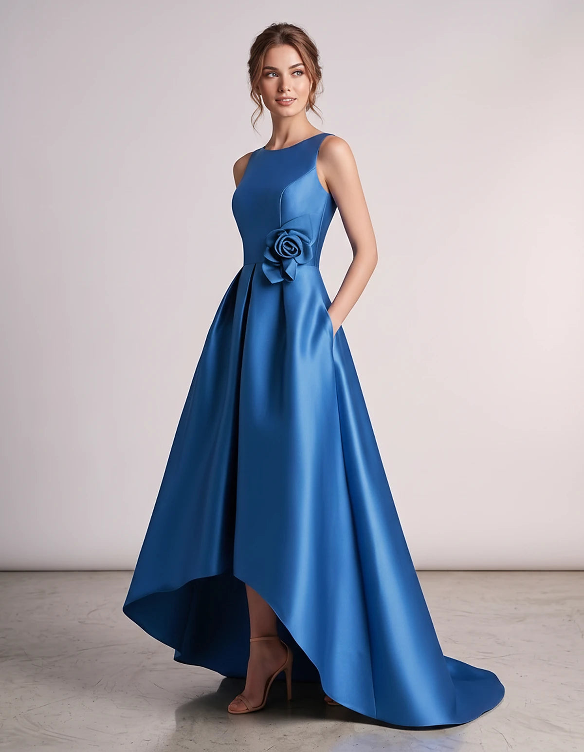 Satin Sleeveless Crew Neck A-Line High-Low Maxi Dress with Pockets for Wedding Guest, Party, Cocktail, Evening & Formal Event