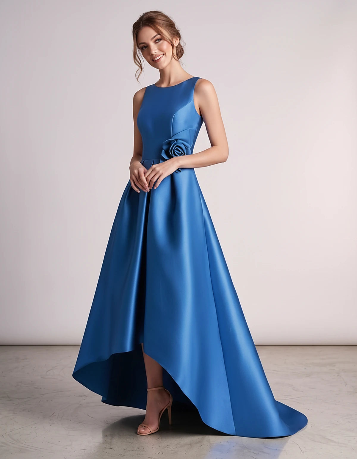 Satin Sleeveless Crew Neck A-Line High-Low Maxi Dress with Pockets for Wedding Guest, Party, Cocktail, Evening & Formal Event